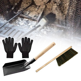 Fire Fireplace Tools Metal Silicone Gloves, Accessories,Fireplace Broom Steel Spade and Ash Brush Set for Dust Cleaning