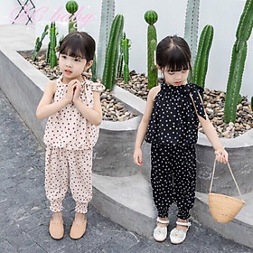 Bộ lụa hàn chấm bi hàng thiết kế cho bé gái từ 8-18kg