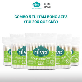 Combo 5 Tăm Bông Niva Túi 200 Que Thân Giấy AZP3 Đa Năng Chuyên Dùng Ngoáy Tai, Vệ Sinh, Trang Điểm, Thân Thiện Môi Trường