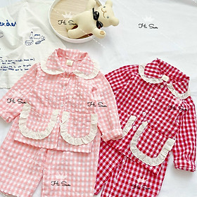 11-40kg Bộ ngủ bé gái Pijama cute kẻ caro