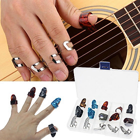 Pack of 15 Guitar Thumb Finger Picks, Colorful Nail Plectrum, for Guitar Bass Banjo Plastic and Stainless Steel 15 Grid Box