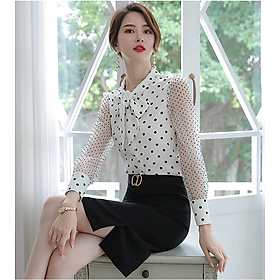  Áo Sơ Mi Nữ Kiểu Cổ Thắt Nơ Tay Phối Lưới Chấm Bi GT534