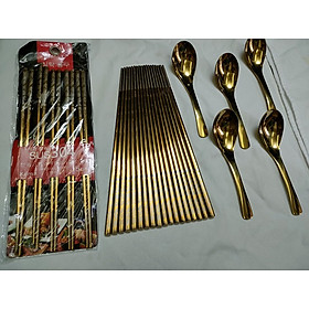 Mua Set 5 Thìa + 5 đôi Đũa inox 304 vàng hàng đẹp