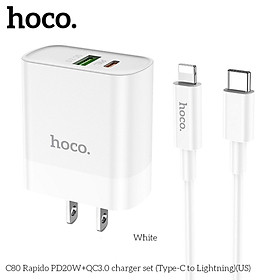 Mua Bộ Sạc Nhanh Dành Cho Hoco. C80 PD20W QC3.0 2 Cổng Type-C + USB-A Kèm Cáp Type-C To IP Dây Dài 1m HÀng Chính Hãng