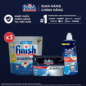 Combo Finish: Combo 3 Túi Viên Rửa Chén Bát Finish All In One,21 viên/túi + Nước làm bóng + Muối Rửa Chén Finish Salt túi 1kg