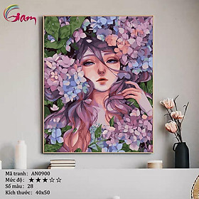 Mua Tranh tô màu theo số số hóa từ tranh Cô gái hoa cẩm tú cầu mã AN0900