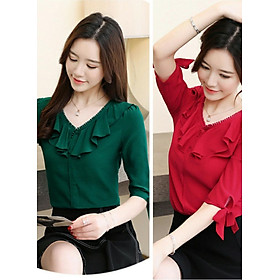 Áo Kiểu Phối Bèo Viền Ren Cổ V Duyên Dáng BY6340