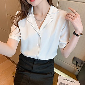 Áo sơ mi nữ kiểu tay ngắn cổ vest form rộng phối viền chỉ kiểu mới Hàn Quốc thời trang PONIVA Cao Cấp Mềm Mịn Thoáng Mát