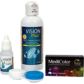 COMBO F Kính Áp Tròng Màu Đen Mediclear + Nước Ngâm + Nhỏ Mắt