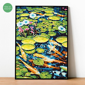 Tranh số hóa - Hồ hoa cá đã căng khung 40x50cm 23 màu