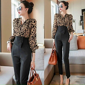 Set bộ áo cổ V họa tiết beo tay phồng phối quần lưng kiểu sang trọng