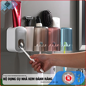 Bộ dụng cụ nhả kem đánh răng tự động 03 cốc và giá treo bàn chải đa năng HT SYS-ECOCO-E1922-chất liệu ABS cao cấp