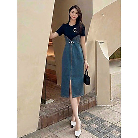 ĐẦM BODY JEAN PHỐI THUN KHÓA EO