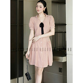 Đầm sọc cam đính nơ NGADO , đầm kiểu Nữ , đầm kẻ sọc