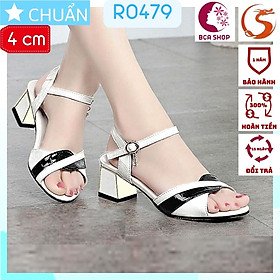 Giày cao gót nữ 4p RO479 ROSATA tại BCASHOP đế vuông viền vàng, hở mũi, phối 2 màu sành điệu, sang chảnh -đen phối trắng