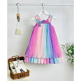 Đầm babydoll cho bé gái màu loang cầu vồng phong cách Hàn Quốc từ 10-35kg chất voan mềm mát