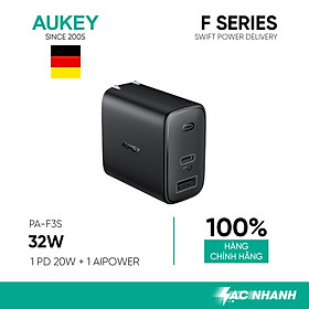 Cốc Sạc Aukey 2 Cổng PA-F3S, Sạc Nhanh Cổng Type C Power Delivery 20W, Cổng USB-A 12W - Hàng Chính Hãng