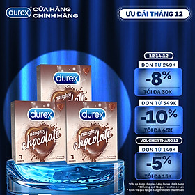 Bộ 3 hộp bao cao su Durex Naughty Chocolate hương socola, size 52mm, 3 bao/hộp