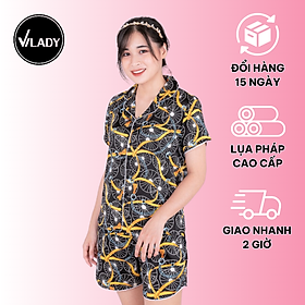Bộ đồ pijama nữ, đồ bộ mặc nhà quần đùi tay cộc vilady b153 chất liệu lụa pháp cao cấp họa tiết lạ mắt