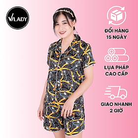 Hình ảnh Bộ Đồ Pijama Nữ, đồ bộ Mặc Nhà Quần đùi tay cộc VILADY B153 Chất liệu Lụa Pháp (Lụa Latin) cao cấp Họa tiết lạ mắt