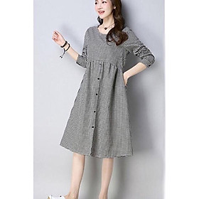 Đầm suông caro dài tay đính cúc - DS207
