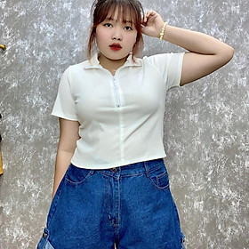 Áo thun croptop bigsize nữ tay nắn cổ khóa kéo mặc được nhiều kiểu chất gân tăm co giãn phom rộng 60-95kg G110 - Trắng