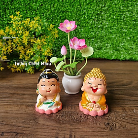 Tượng Phật Tổ - Quan Âm 6cm kèm chậu hoa sen bằng đất sét Nhật