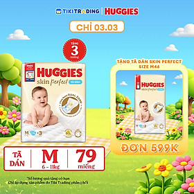 Tã/bỉm dán sơ sinh Huggies Skin Perfect M 76+3 miếng với 2 vùng thấm giảm kích ứng da