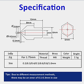 5 chiếc MK8 Đầu Phun 0.2mm 0.4mm 0.5mm 0.6mm 0.8mm 1.0mm 3D Máy In Phần Máy Đùn M6 Ren Đồng Vòi Phun 1.75mm 3mm Dây Tóc Kích Thước: 0.8mm 3mm