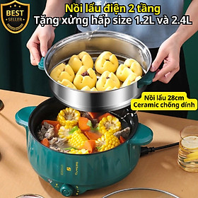 Nồi lẩu điện đa năng 28cm, Ceramic vân đá chống dính công suất 1000W tiện dụng 3 nấc nhiệt - Tặng Xửng Inox D Danido