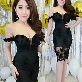 Đầm bet vai ren lưới hoa hồng