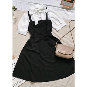 Váy đầm bánh bèo nữ dáng xòe công chúa, set đầm áo sơ mi cổ nơ kết hợp váy yếm xòe đen -M040