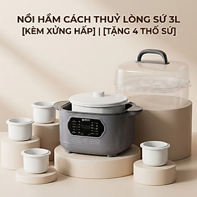 Nồi nấu chậm lòng sứ 3L Mishio MK397 kèm xửng hấp và 4 thố sứ tiện lợi không lo cháy khét hay bong tróc chống dính - Hàng chính hãng