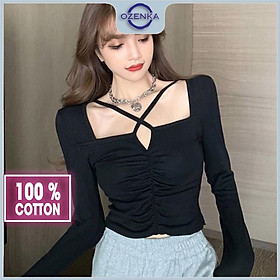 Áo croptop tay dài nữ cổ vuông nhún giữa OZENKA , áo crt kiểu thun cotton mặc thu đông màu đen trắng dưới 55 kg