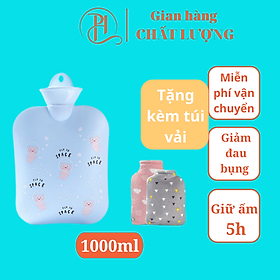 Túi chườm bụng kinh 1000ml, túi chườm nóng giảm đau bụng, đau lưng hiệu quả - Tặng kèm túi vải nhung mềm mại. - Heo Xanh cute 1000ml