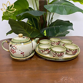 Bộ ấm chén trà Bát Tràng hoạ tiết hoa đào 250ml cao cấp kèm đĩa lớn