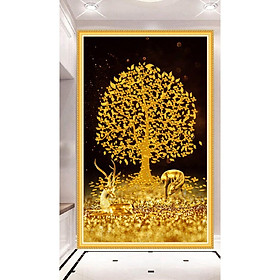 Mua Tranh dán tường HD Đôi hươu vàng và cây tài lộc HDOC242 kim sa khổ dọc