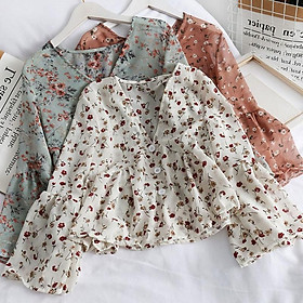 Women's Fashion V Neck Floral Print Sweet Small Fresh Long Sleeves Chiffon Shirt Blouses