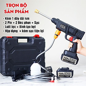 Mua  Kèm Vali Full Phụ Kiện  Vòi Xịt Rửa Xe Áp Lực Cao Dùng PIN SẠC Lithium 199V 45000 mAh Tặng Thêm 1 Pin Dự Phòng Kèm Dây Dài 5m - Máy Rửa Xe Cao Áp Mini Gia Đình Bảo Hành 12 Tháng