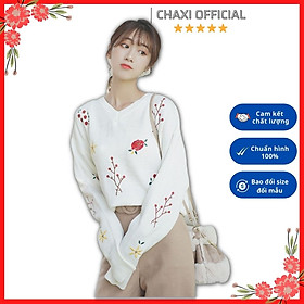 Áo len nữ cổ tim màu trắng thêu hoa đỏ cao cấp - DL24245 - Hàng Quảng Châu