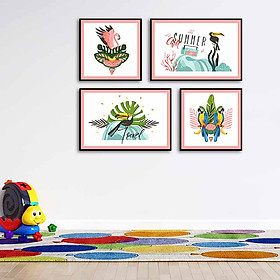 Mua Bộ 4 tranh canvas treo tường Decor Họa tiết hoa lá  hồng hạc và vẹt tươi sáng - DC138