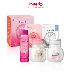 Combo 3 thực phẩm bảo vệ sức khỏe InnerB Aqua Bank (56 viên) + Viên uống hỗ trợ sáng da InnerB Snow White (28g) & Hộp 6 chai nước uống InnerB Glowshot (50mlx6)