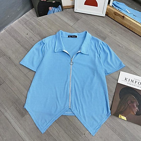 Áo Thun BIGSIZE CÔ NHỎ nữ cổ bẻ khóa kéo tà nhọn hai bên, Áo thun phom rộng cho nàng Chuppy 58-95kg G43 - Xanh Dương