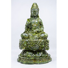 Hình ảnh Tượng Phật Bà Quan Âm ngồi thiền tòa sen bằng đá xanh cao 21cm