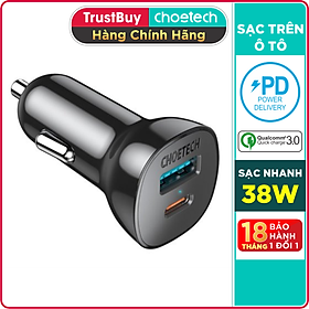 Củ Sạc Điện Thoại Ô Tô 38W CHOETECH TC0005 V2 USB Quick Charge 3.0 18W, Type-C PD 20W - Hàng Chính Hãng