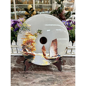 Đồng tiền đồng điếu may mắn phong thủy vẽ tranh chiêu nạp tài lộc đá bạch ngọc - Đường kính 20 cm