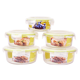 Bộ 5 Hộp Thủy Tinh Chịu Nhiệt Nắp Gài Hình Tròn Glass Happy Cook HCG-05C