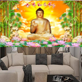 Tranh thêu Phật Di Đà hoa sen cành trúc 223131 - kích thước: 84 * 55cm. (TRANH CHƯA LÀM)