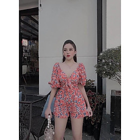 Sét bộ đùi nữ họa tiết hoa nhí áo kiểu crotop thắt nơ quyến rũ phối quần đùi thích hợp đi biển đi chơi AM