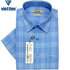Viettien - Áo sơ mi nam ngắn tay xẻ tà lai ngang Sợi gỗ sồi Ca rô Xanh 6S0152 Regular